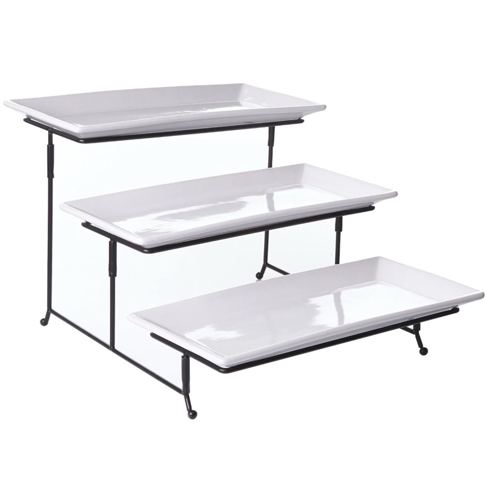 Benevolence 3 Tier Rectangular Serving Tray Set with Rack. Model:BV-1542-WT NIB